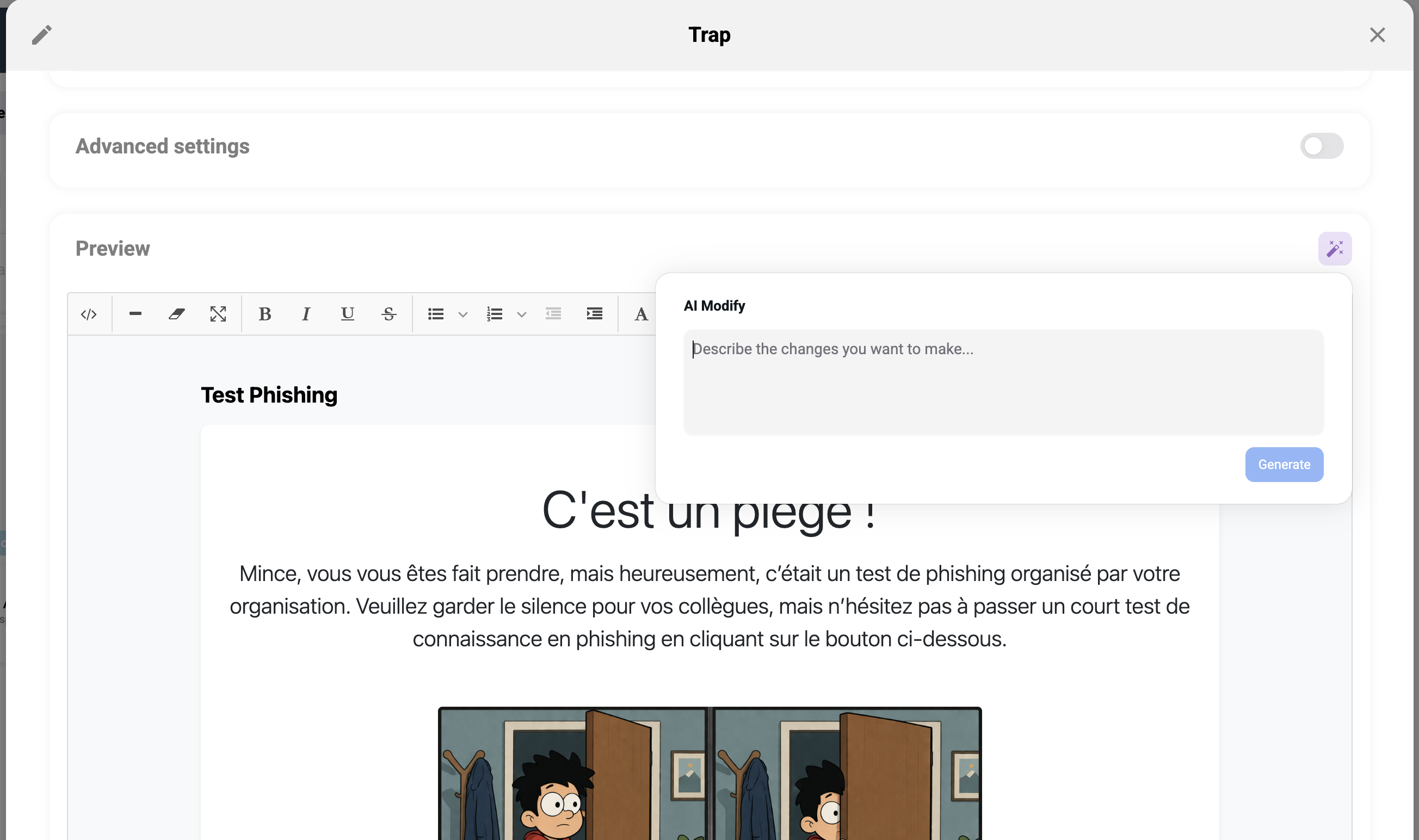 Landing page editor with AI prompt panel open