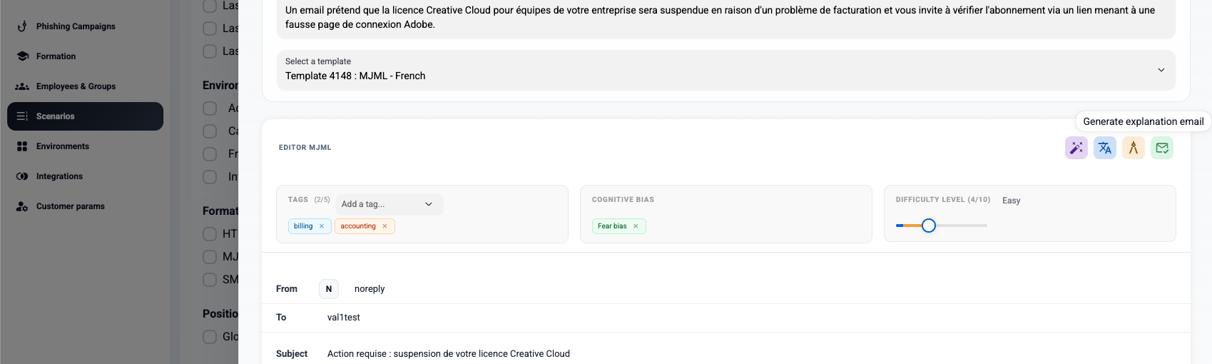 Scenario editor — Generate explanation email button